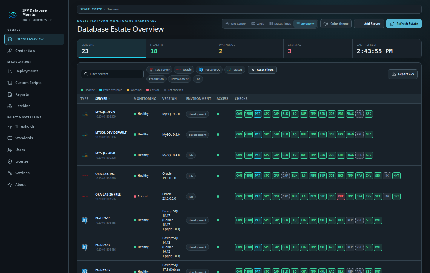 Dense sortable database server inventory