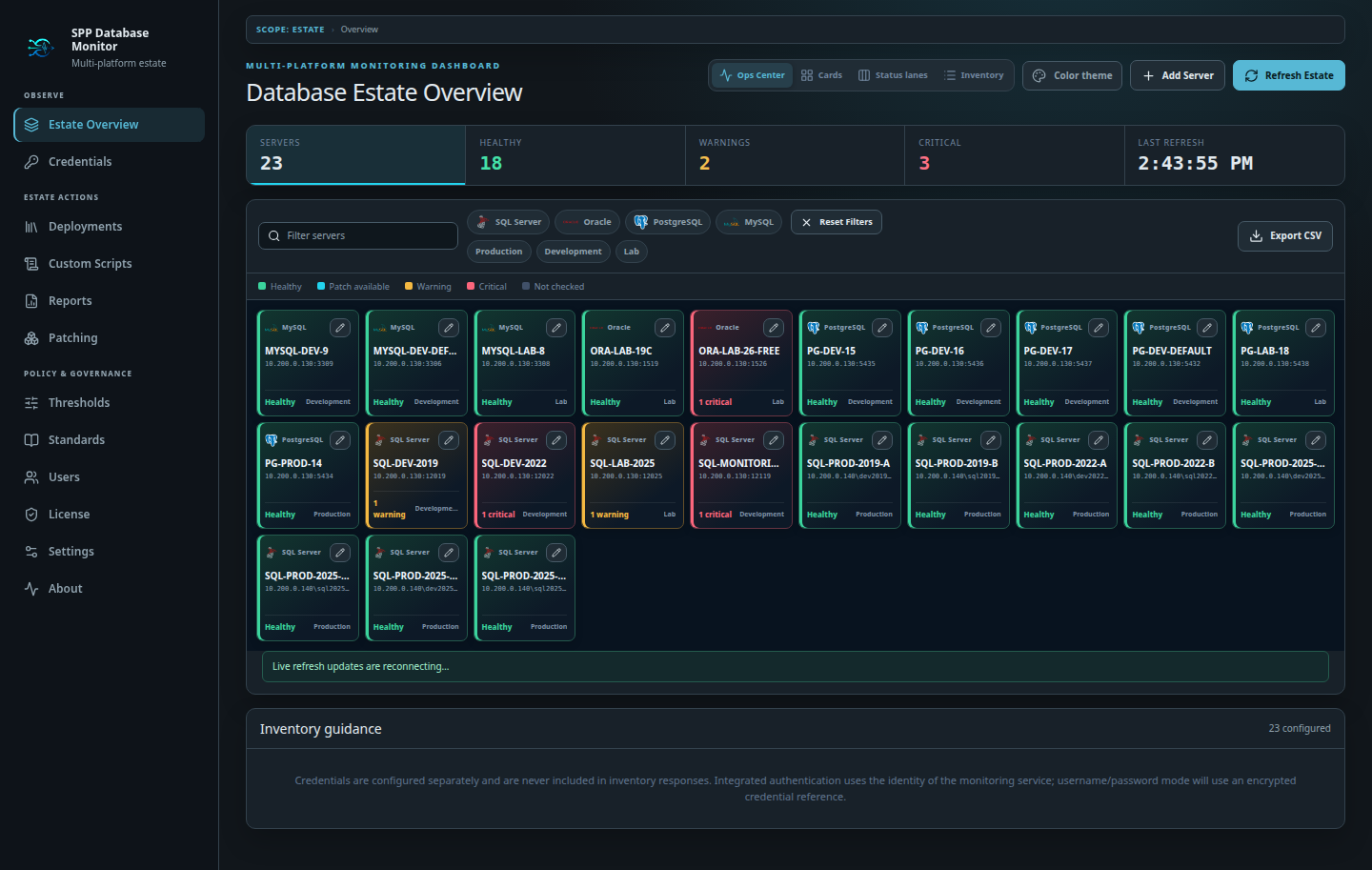 Ops Center showing compact status-colored panels for a 23-server database estate