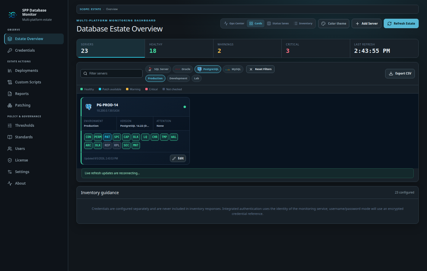 Estate Cards filtered to PostgreSQL production servers using quick buttons