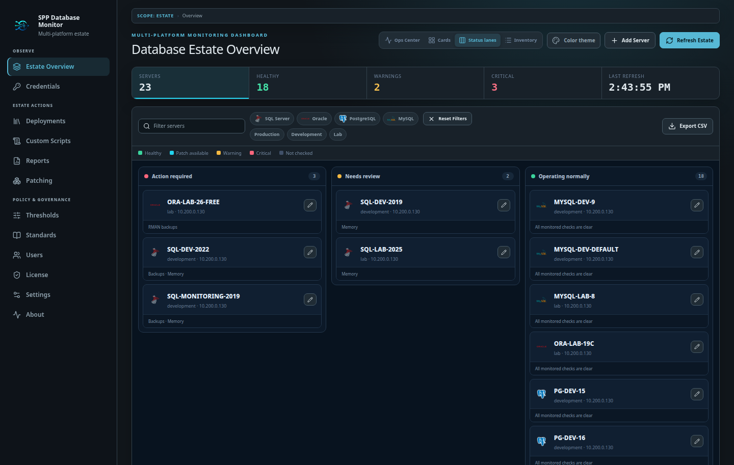 Status Lanes grouping database servers by operational condition