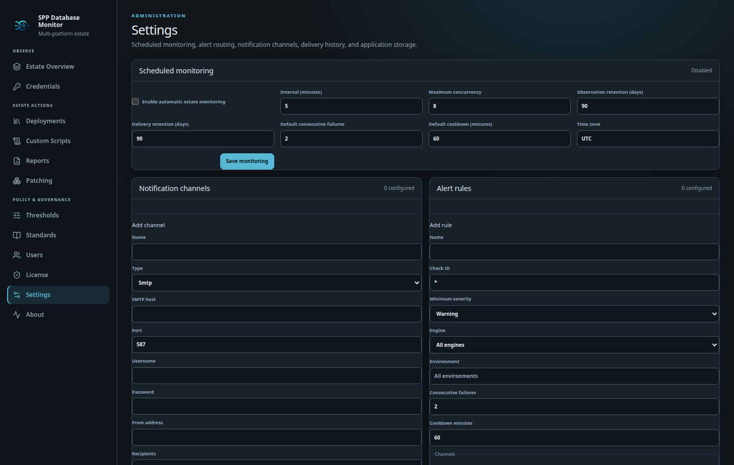 Monitoring, notifications, alert rules, and application settings