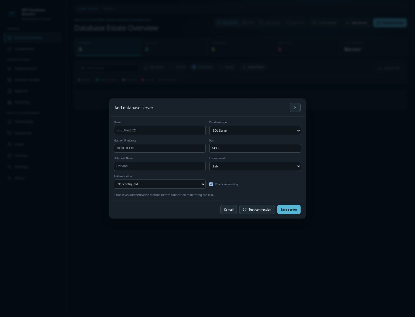 CraptasticApps Database Monitor Add database server form with engine, host, port, database, environment, and authentication fields