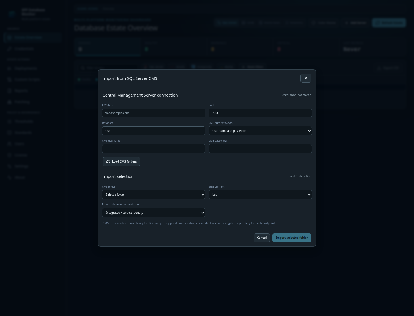 CraptasticApps Database Monitor SQL Server CMS import form with connection and registered-server folder options