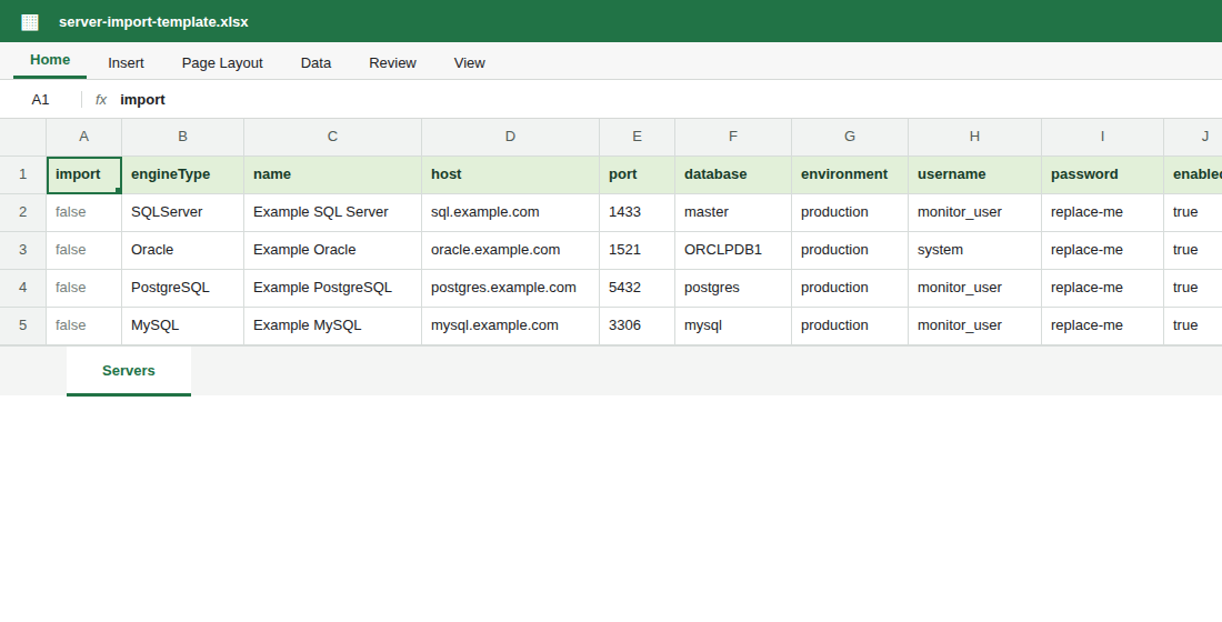 Top-left corner of the server import spreadsheet template showing columns and example database rows